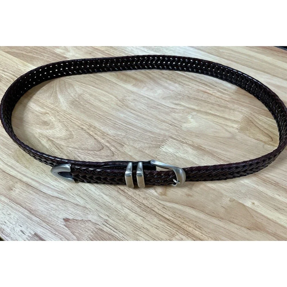 Mens 100% Leather Woven Belt. Heavy Silver Buckle Sz 42 Some‎ wear on inside